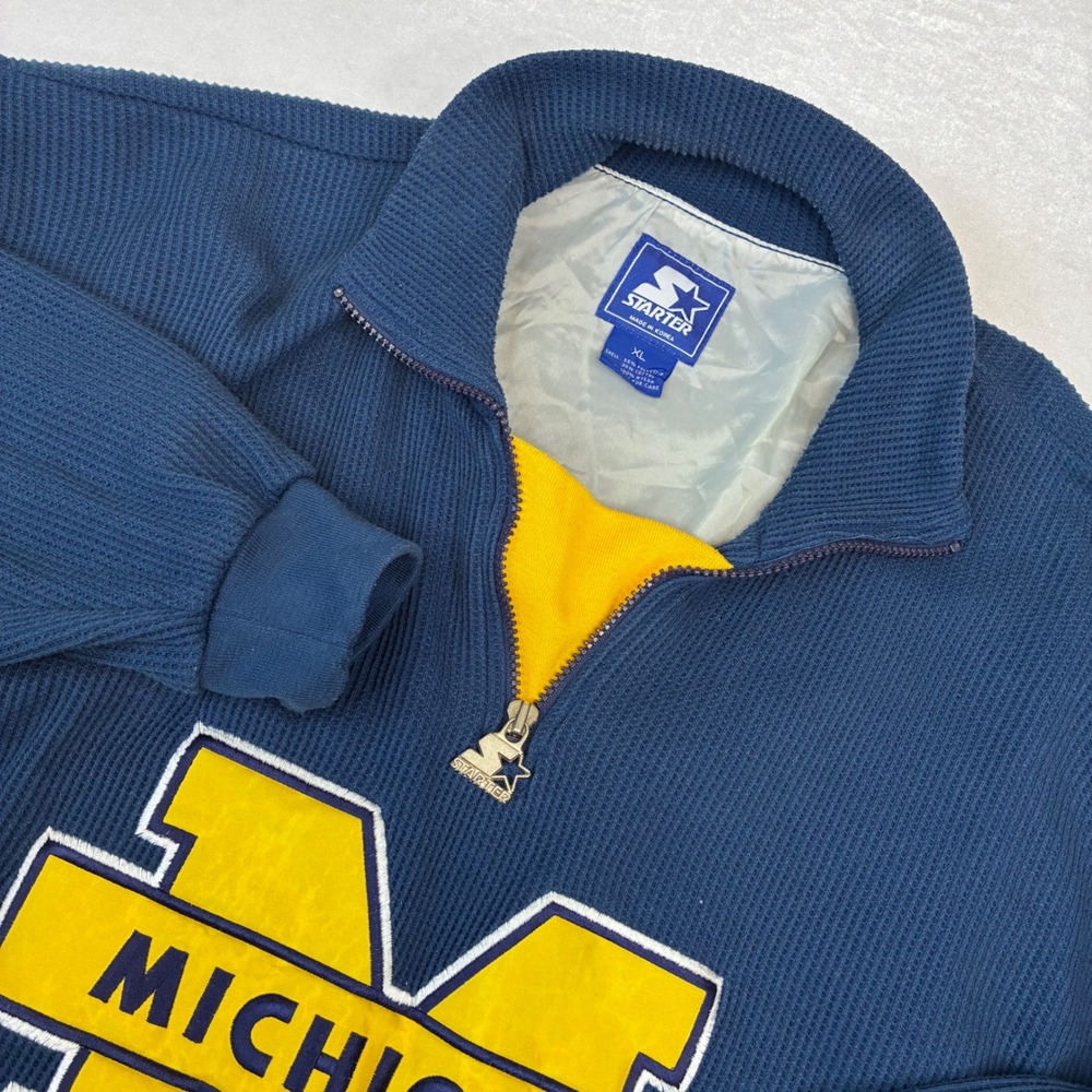 Vintage Starter Michigan Pullover Men XL Navy Blue Waffle Knit Quarter Zip Logo